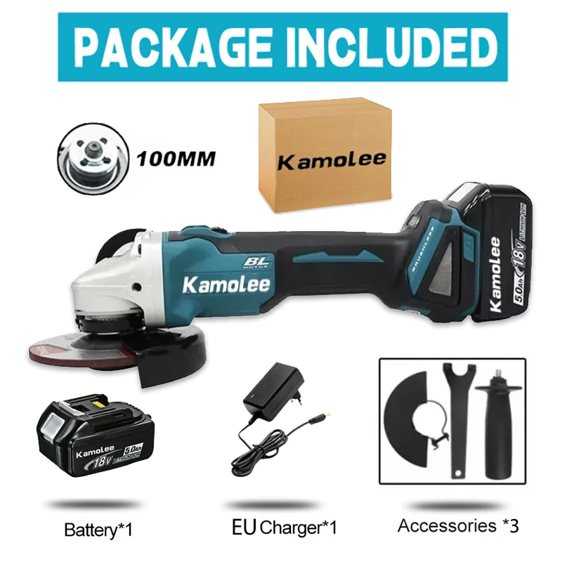 Kamolee M14 125 mm/100 mm 18500 U/min bürstenloser Akku-Winkelschleifer, 4-Gang-Schneid-Elektrowerkzeuge, kompatibel mit 18 V 21 V Akku