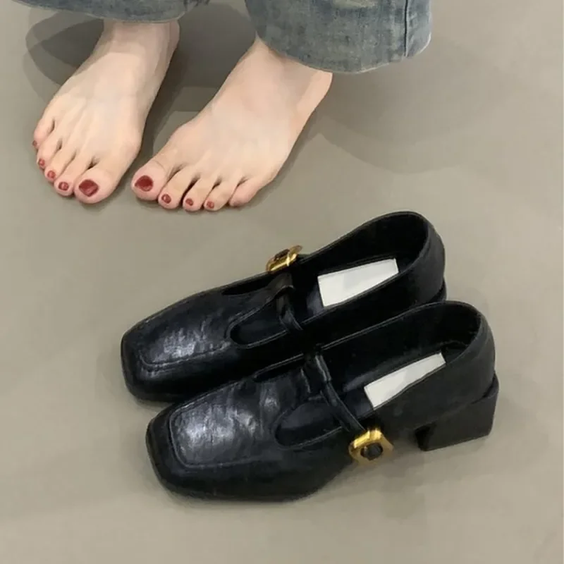 Women Square Toe T-Strap Mary Jane Shoes Gold Buckle Low Block Heel Soft Leather Vintage Ladies Fall Casual Dress Shoes view 3