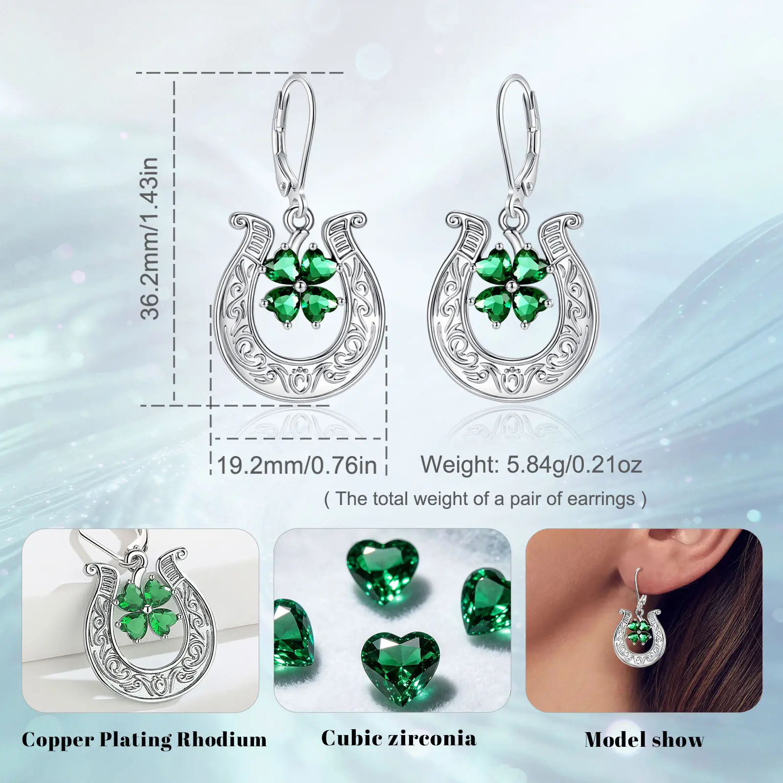 AEONSLOVE Horseshoe Shamrock Drop Earrings 925 Silver Leverback Emerald CZ Clover Earrings Wicca Pagan Jewelry Gift for Women