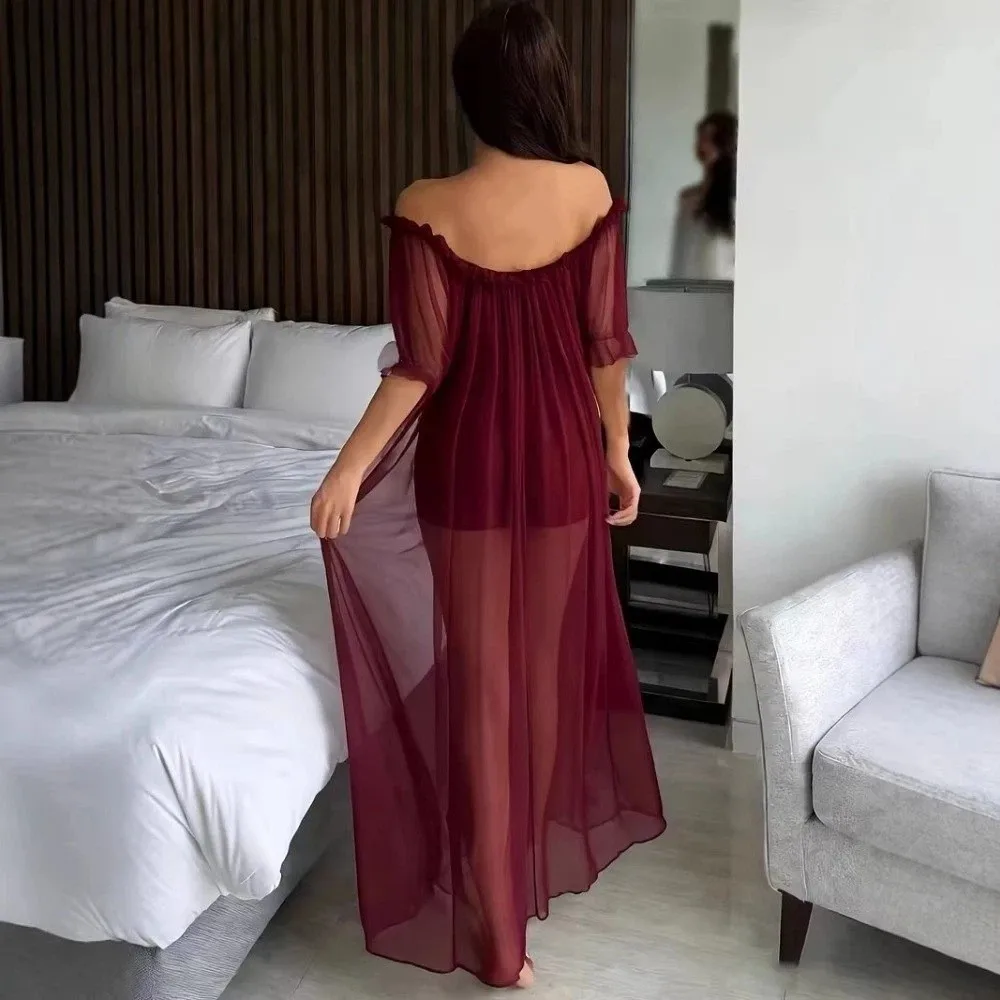 Breathable Off Shoulder Sheer Nightgown V-neck Ruffle Ladies' Nightwear Transparent Short Sleeve Long Sleeping Dress Lounge
