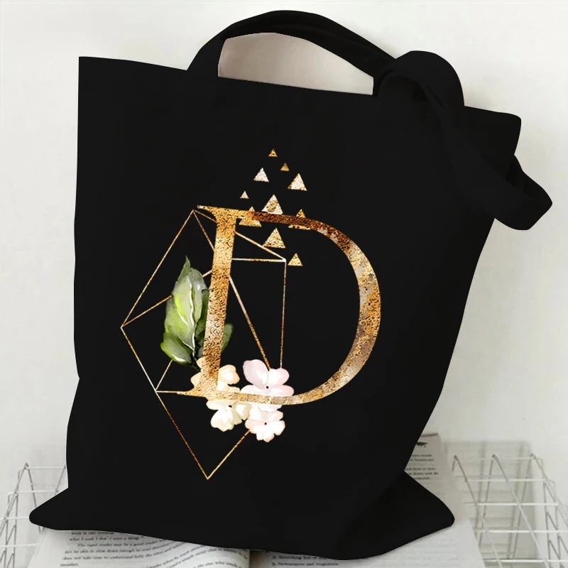 Golden Plant Print Canvas Bag Women\'s Shoulder Bag Fashion Floral Letter Shopping Shopper Ladies Hand Bags Alphabet Tote Bag