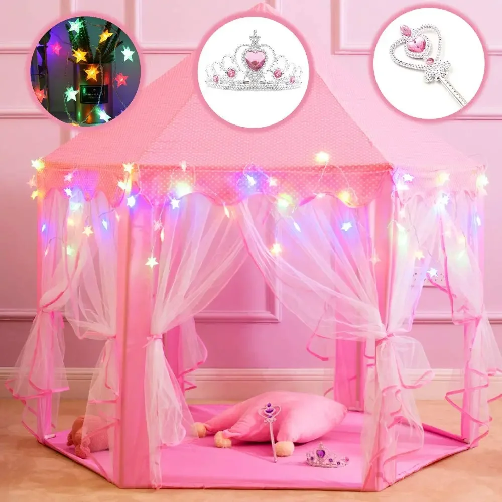 Tente tipi pliante portable pour enfants, maison de jeu, château de princesse rose, petite maison, fête, chambre d'enfant, jouet pour fille