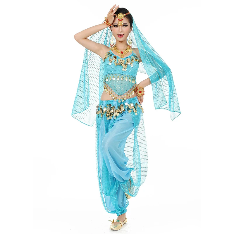 Belly Dance Highlights Performance Costumes Sets Egypt Indian Dance top With Waist Chain Pants Veil Bollywood Costume 3piece Set