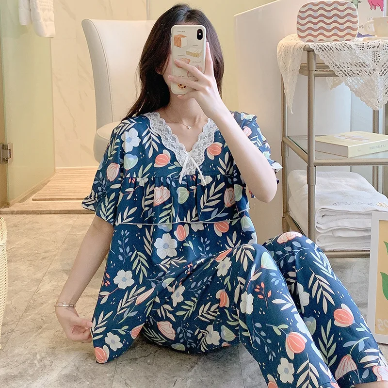 Cotton Silk Cute Floral Print Satin Pajama Sets Ensembles 2 Piece Pants Trouser Ruffled Lady Outfit Lounge Women Pijama