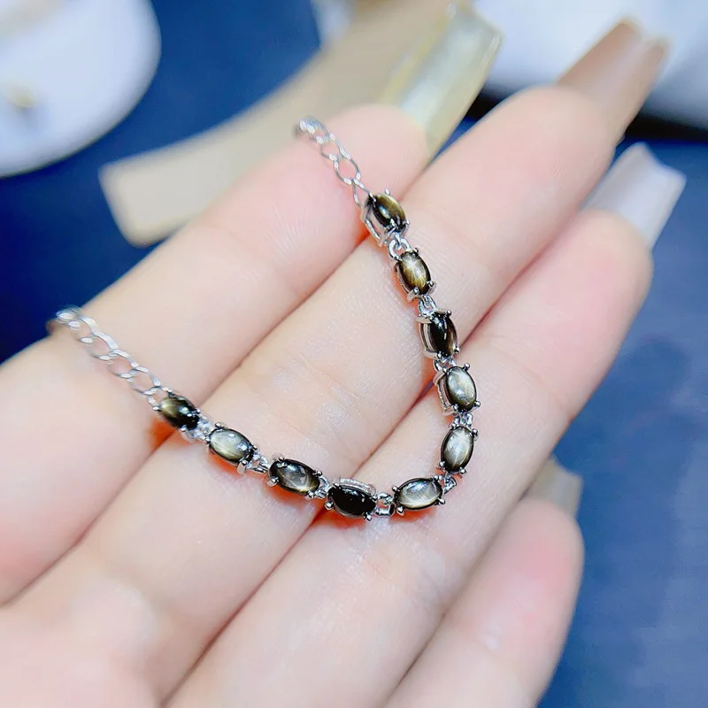 Total 2.5ct Natural Star Light Sapphire Bracelet with Gold Plating 3mm*5mm Grey Sapphire Silver Bracelet for Office Woman