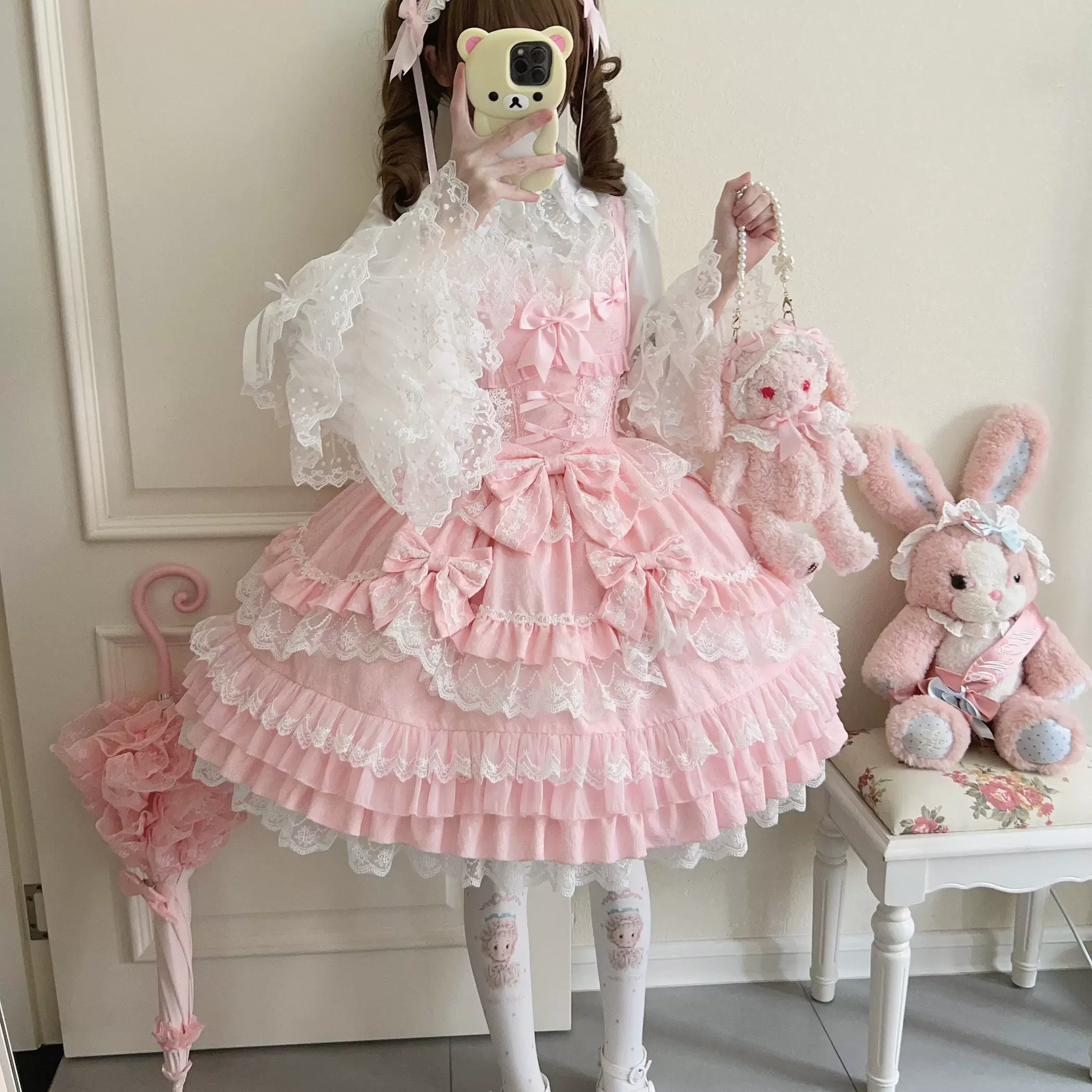 Oryginalna koszula z długim rękawem Lolita Bluzki damskie Sweet Girl Bow Petal Sleeve Top Różowa sukienka na szelkach Wiosna i lato