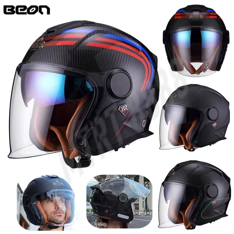 BEON Carbon Fiber Motorcycle Electric Vehicle Helmet Men's and Women's Ultra-light 4/3 Half Helmet Double Lens Universal