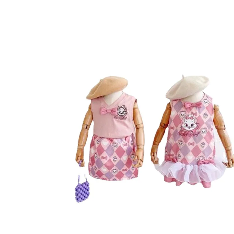 Girl\'s Dress Summer Girl\'s Clothes Cartoon Cat Series Lace Mesh Gauze Style Vest Short Skirt Two-piece Suit Girls Clothes