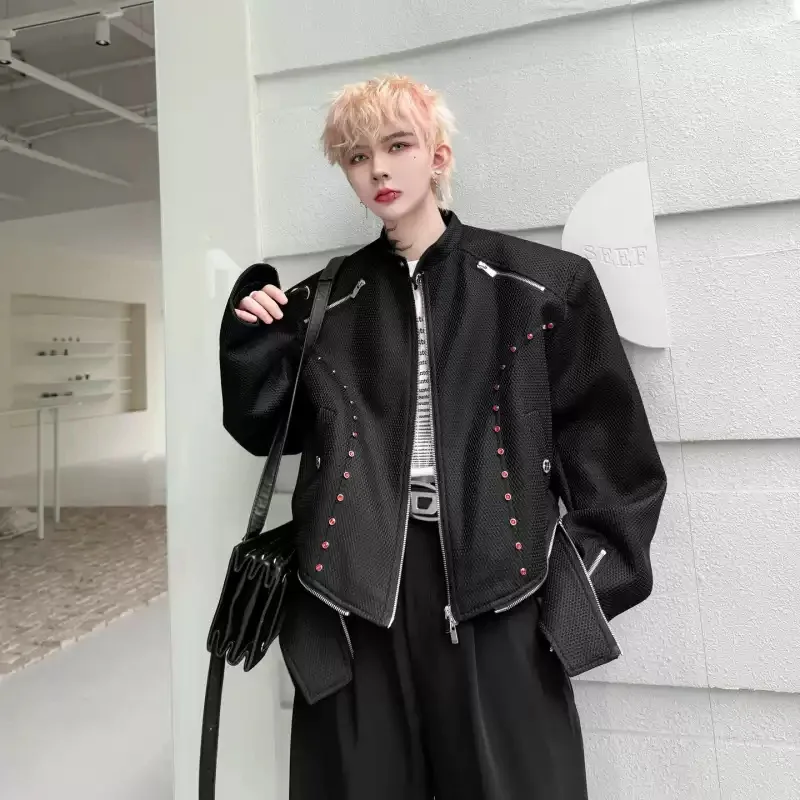 

Darkly Retro Style Original Stand Collar Zipper Splicing Design Jacket Niche Red Diamond Handsome Loose Casual Coat For Man