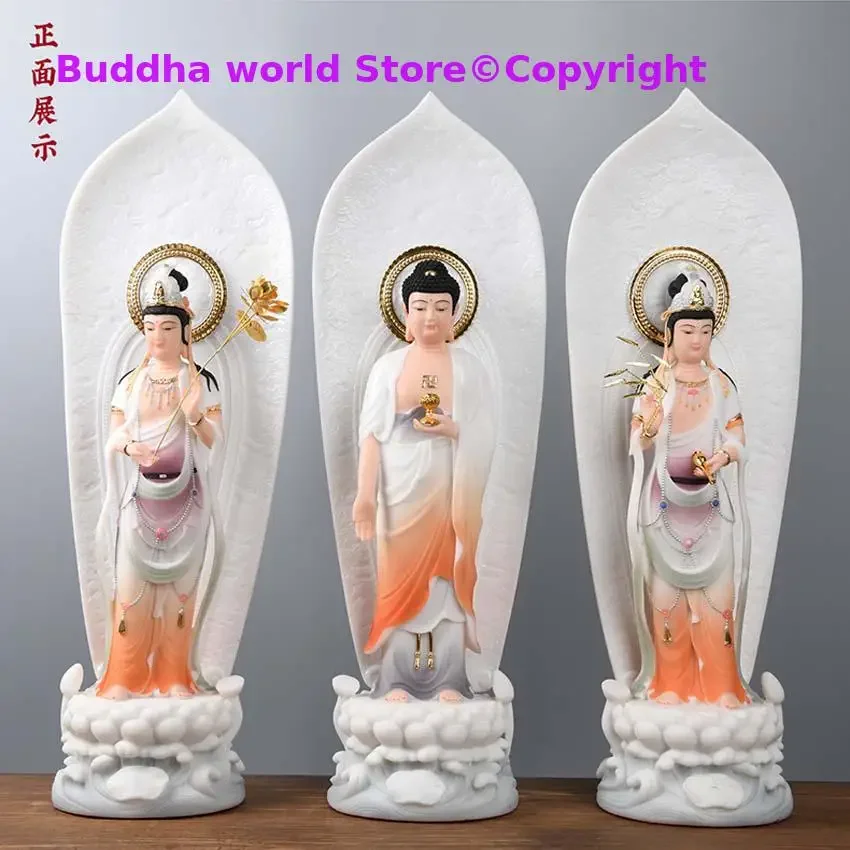 Large 3P A set HOME Shrine protection Buddhism jade XI FANG SAN SHENG Standing Guan yin Amitabha Mahasthamaprapta Buddha statue