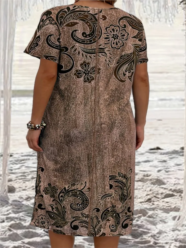 Kobieta sukienki oversize wiosna lato moda na co dzień z krótkim rękawem kwiatowy Print O-neck luźna sukienka Midi kobiety w stylu Vintage sukienka