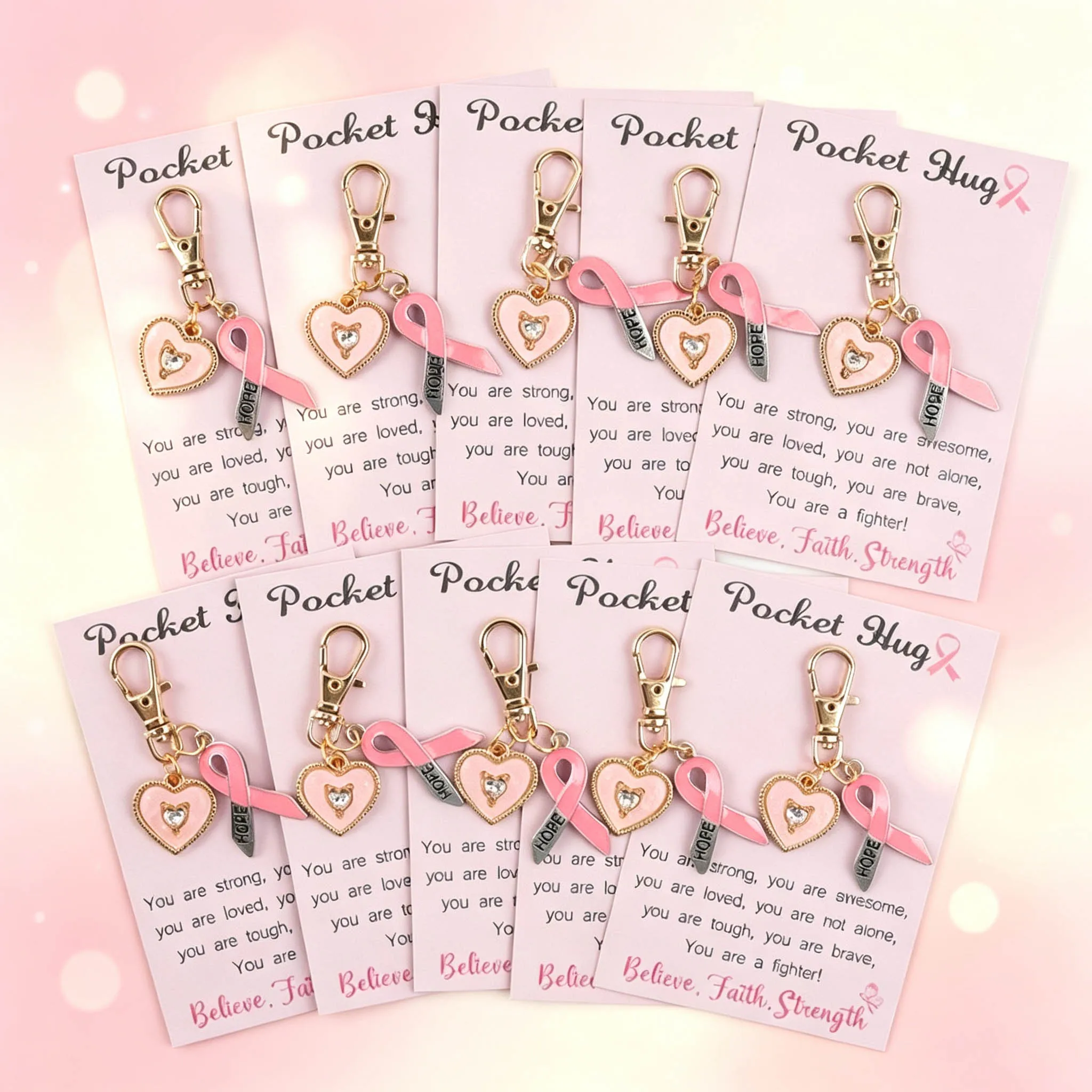 10-Piece Pink Series Bow Tie Ribbon and Heart Keychain Set, with an Encouraging Greeting Card, for Gift-Giving and Encouragement, Inspirational Set for Women, Positive Gift, Hope Gift