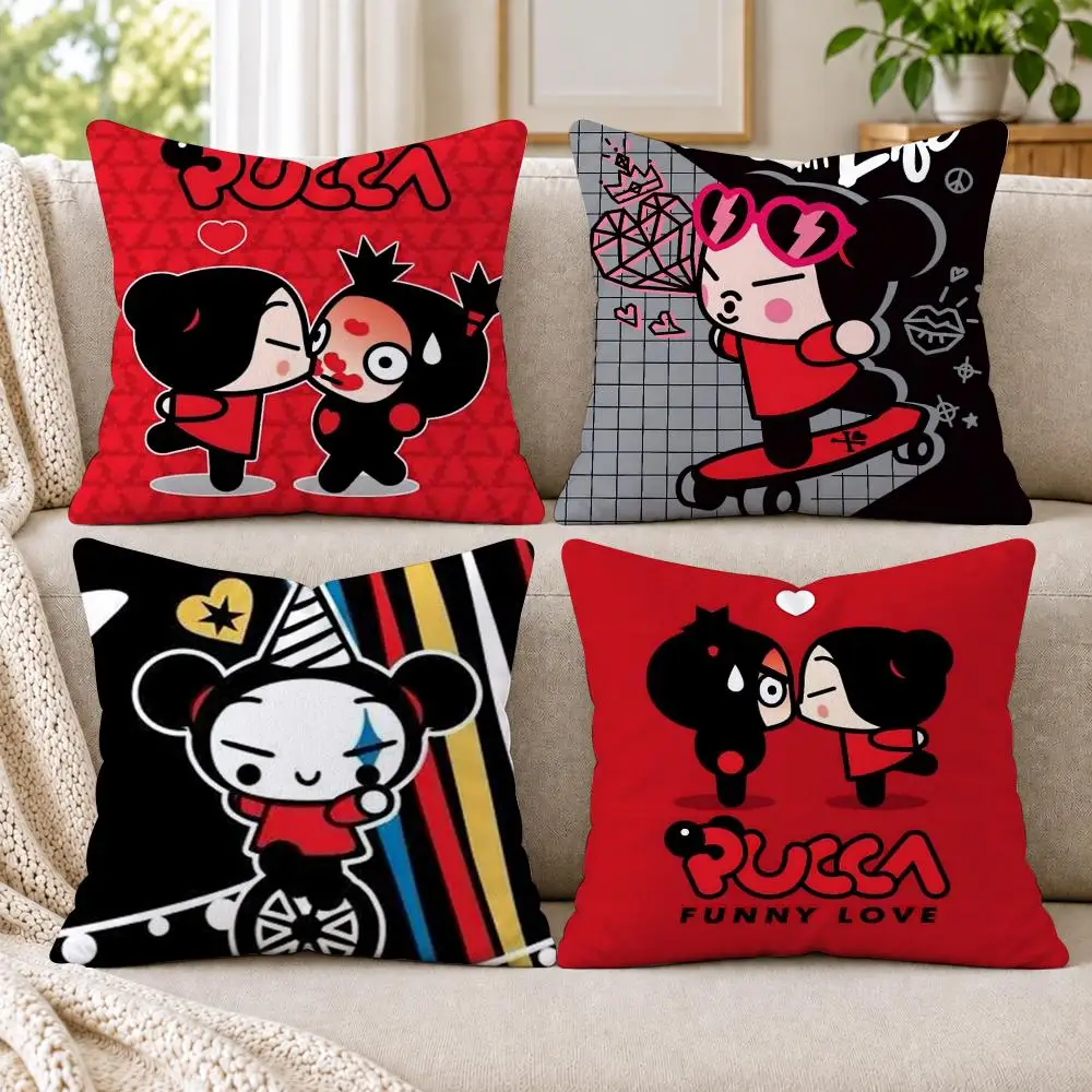 Kawaii P-Pucca Anime Cushion Cover Short Plush Double-Sided Printing Sofa Bedroom Pillow Case Aesthetic Home Decor