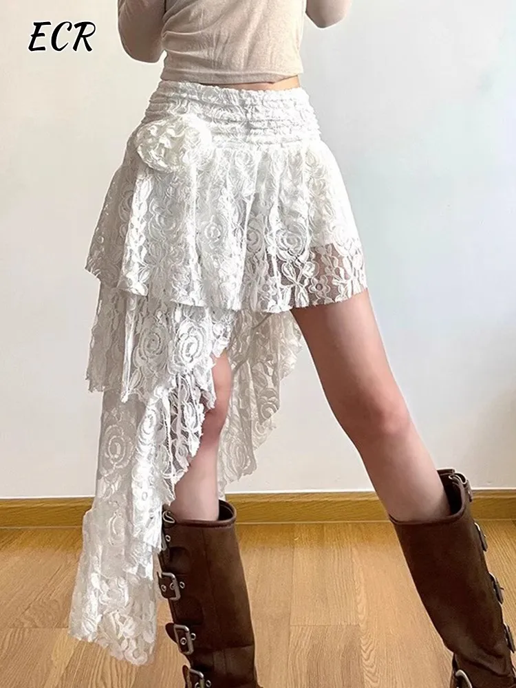 

ECR Elegant Patchwork Lace Skirts For Women High Waist Spliced Appliques Solid Asymmetrical Hem Mini Skirts Female Fashion Style