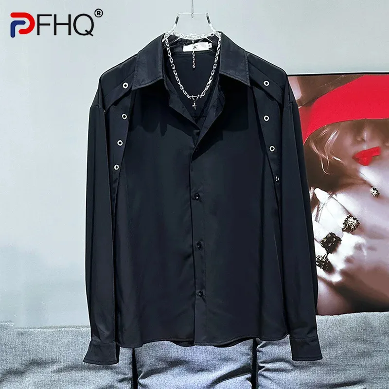 

PFHQ Autumn Korean New Niche Trend Metal Decoration Design Men's Loose Versatile Casual Shirt 2024 Solid Color Tops 21Z6088