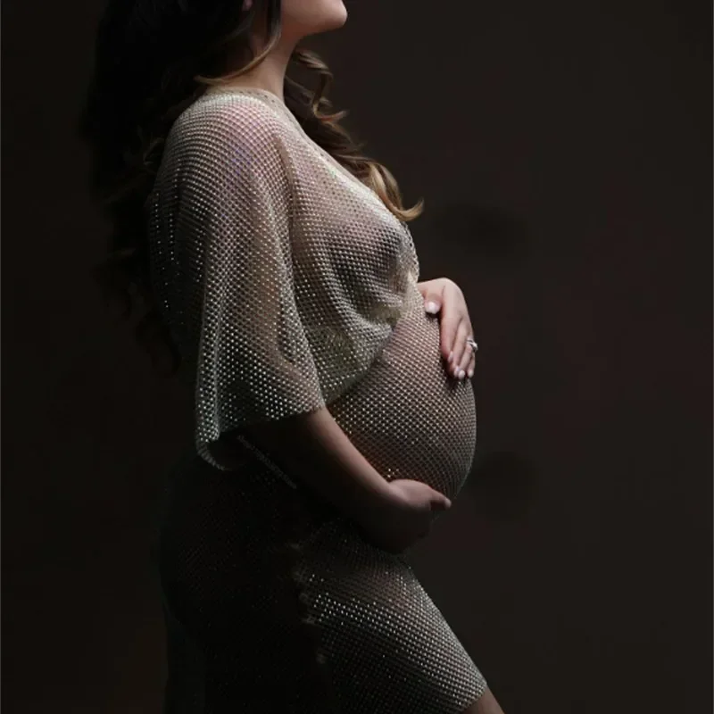 

Sexy Maternity Photography Dress Mesh Rhinestones Transparent Dress Baby Shower Party Dress Summer Woman Crystal Bikini Cover-up