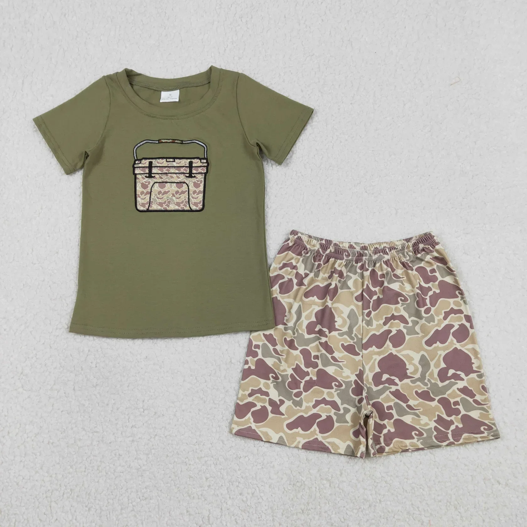 

Wholesale Baby Boy Toddler Short Sleeves Green Cotton Shirt Boys Embroidery Clothes Children Kids Set Camo Shorts Bottoms Outfit