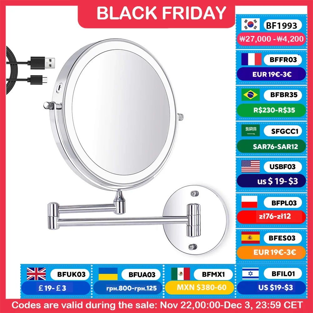 8 Inch Wall Mounted Bathroom Makeup Mirror, USB Rechargeable LED 3 Color Lights Two Sided 1X/10X Magnifying Mirror Touch Switch