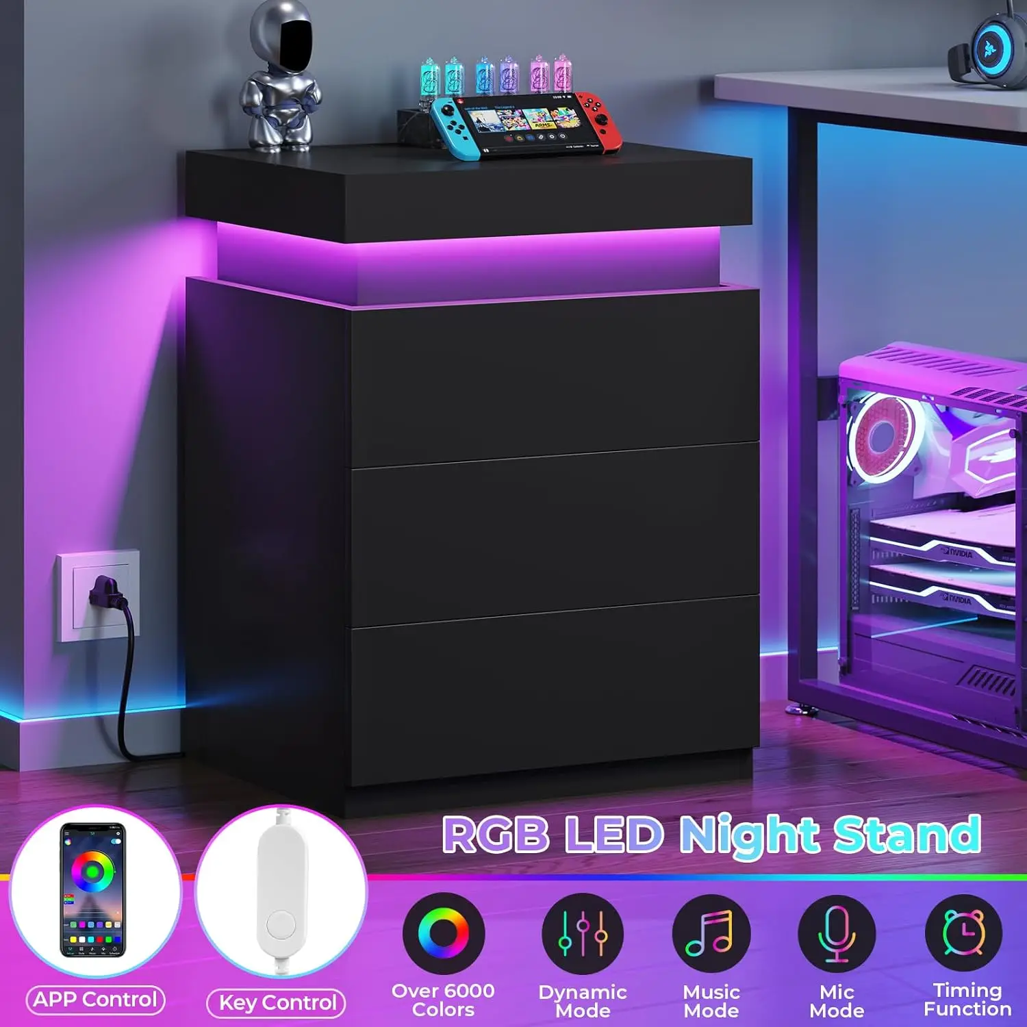 LED Nightstands Conjunto de 2, Suportes Noturnos para Quarto, Nightstand com estação de carregamento e parte superior deslizante