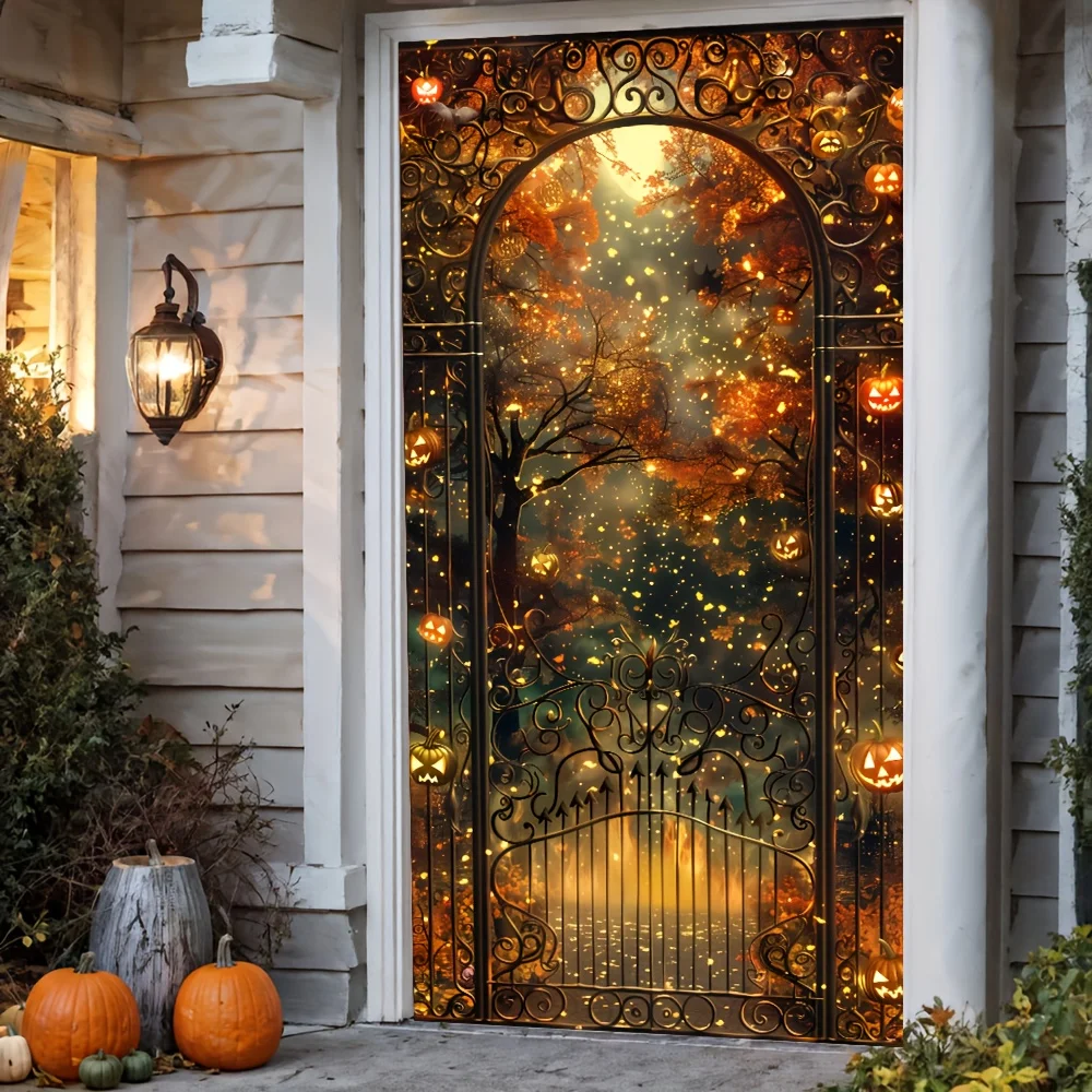 One 2D door flag, Halloween pumpkin and glittering lights, autumn garden curtain, Bohemian decoration