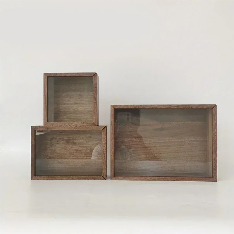 Portable Black Walnut Solid Wood Glass Cover Display Case Transparent Organizer Boxes Dustproof Sundries Dresser