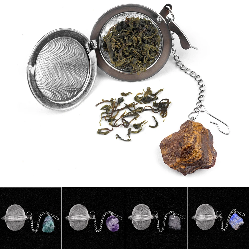 Venta al por mayor de bola de filtro aromatizada de acero inoxidable 304, bola de filtro de té de piedra de cristal Natural, bola de filtro de sopa con cadena de extensión