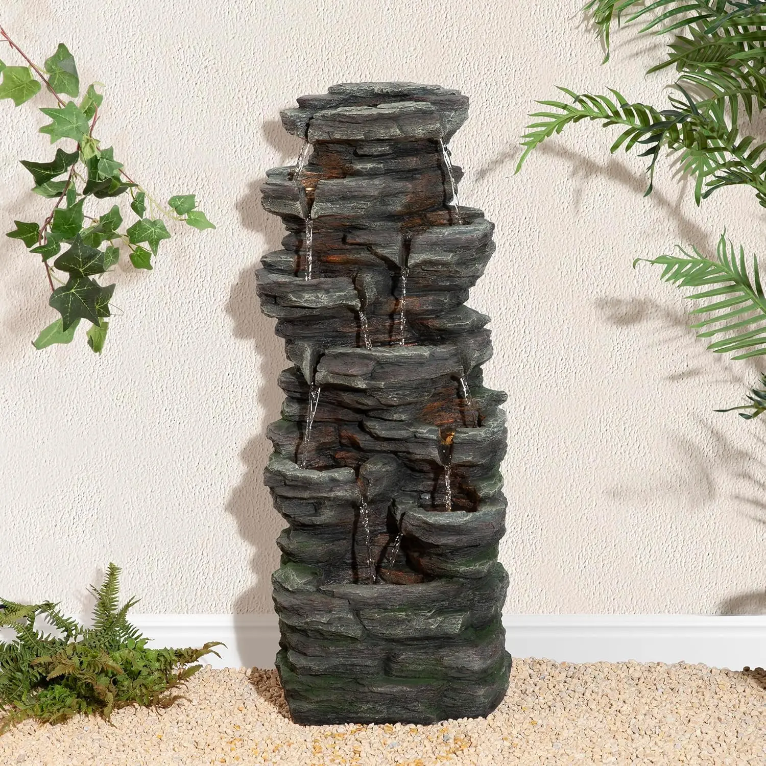 

Outdoor Water Fountain, 9-Tiered Rock Floor Fountain with Cascading Water, 39.25" H Polyresin Waterfall Fountain with Pump and L