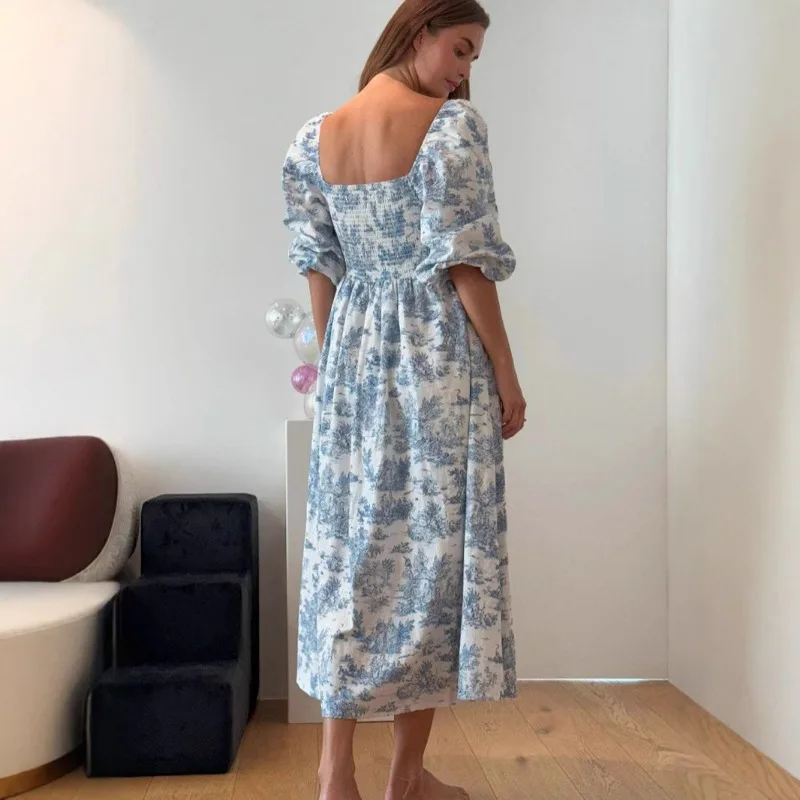 Robe longue d'été Vintage pour femmes, Streetwear, avec nœud papillon, motif Floral, smockée, manches longues lanterne, robes trapèze, nouvelle collection 2025