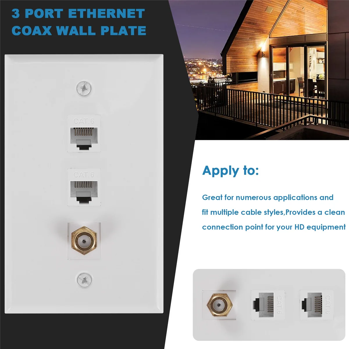Plat dinding Coax Ethernet, 2 Port Cat6 RJ45 dan 1 Port konektor tipe F Coax perempuan ke pelat dinding