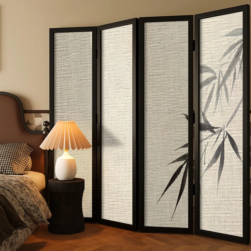 Modern simple Chinese artistic conception screen partition living room folding mobile blocking zen bamboo decoration solid wood