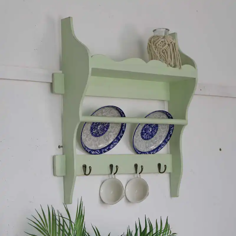 

Wooden Decorative Wall Mounted Floating Shelf Plate Rack Four Hooks for Kitchen and Living Room Storage Organizer