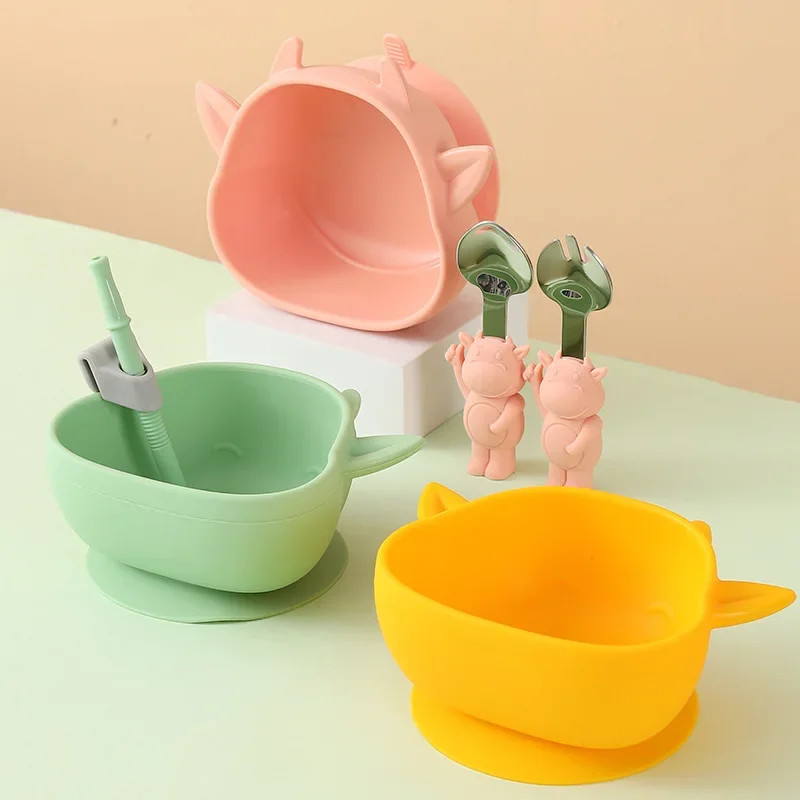 

Baby Silicone Suction Bowls for Kids Baby Feeding Tableware Spoon Children Dishes Kitchenware Infant Plates Anti Drop Tableware