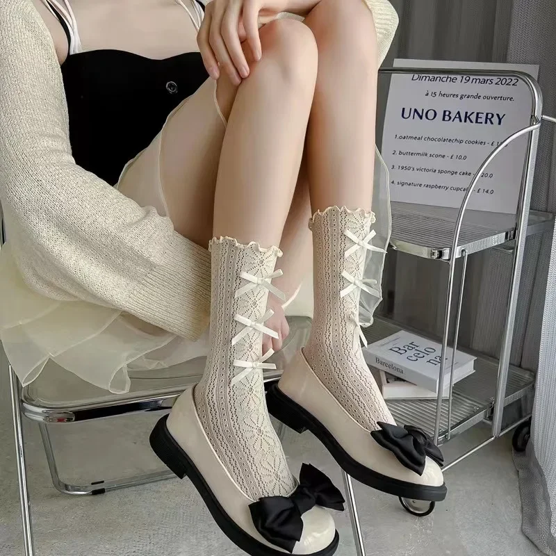 

Socks Women Lolita Sock Pregnant Woman Summer Thin Bow Mesh Hosiery Cute White Soft Lace Flower Maternity Mid Length Calf Socks