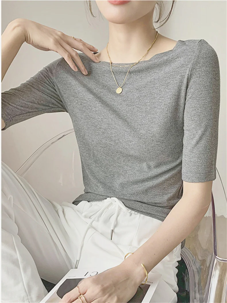 Summer New Women Knitted Cotton Elegant Slash Neck Crop Tops Half Sleeve Slim Casual Temperament Cozy Undershirts Blouses