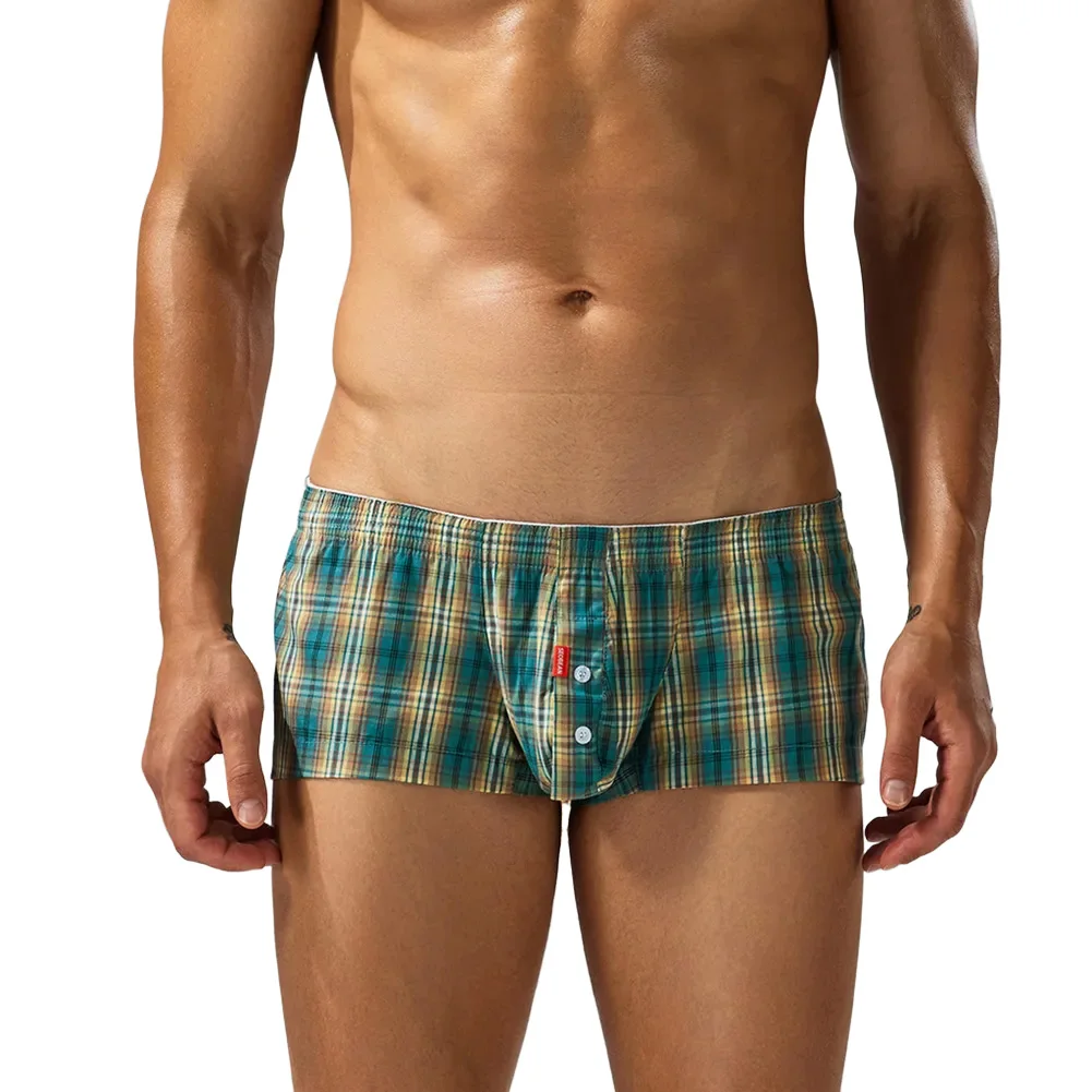 Men's Casual Plaid Cotton Boxer Shorts Underwear for Home and Sleepwear Featuring U Convex Pouch Trunks Design for Comfort