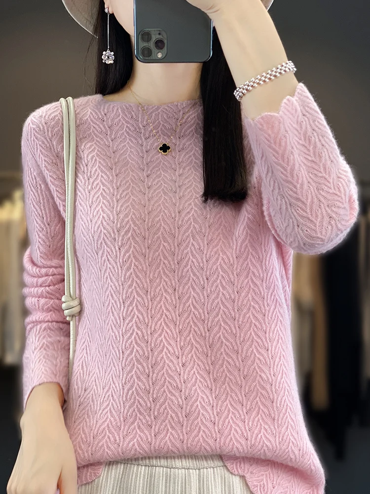 Fashion Basic  Women Merino Wool Sweater Hollow Out Cashmere Pullover O-Neck Knitwear Slim Solid Collar Elegant Clothing Tops