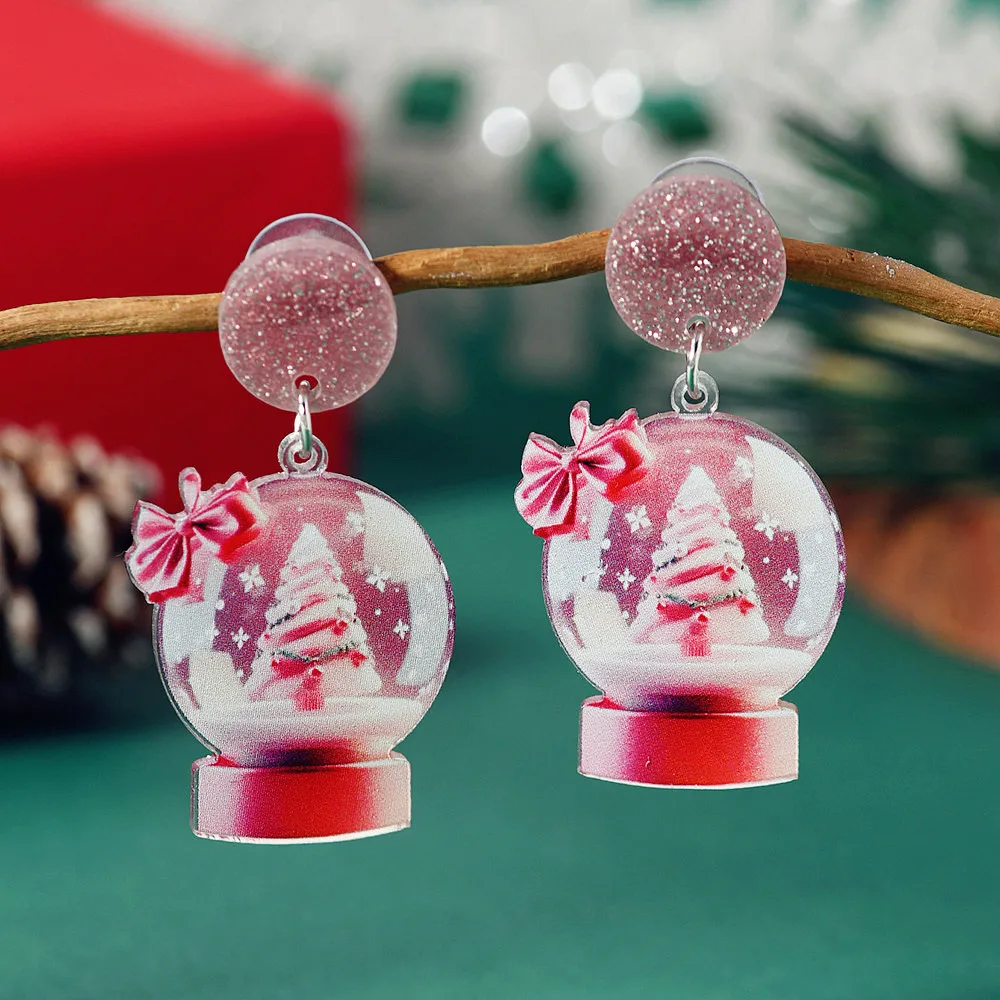 Sweet Christmas Snowball Cake Tree Acrylic Drop Earrings for Women Pink Bowknot Snowman Snowflake Earring Party Jewelry Gifts