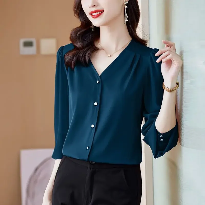 Neue Sommer elegante Mode einfarbig Retro koreanischen Stil Damen hemd ästhetische lose Büro Dame V-Ausschnitt 3/4 Ärmel Tops B671