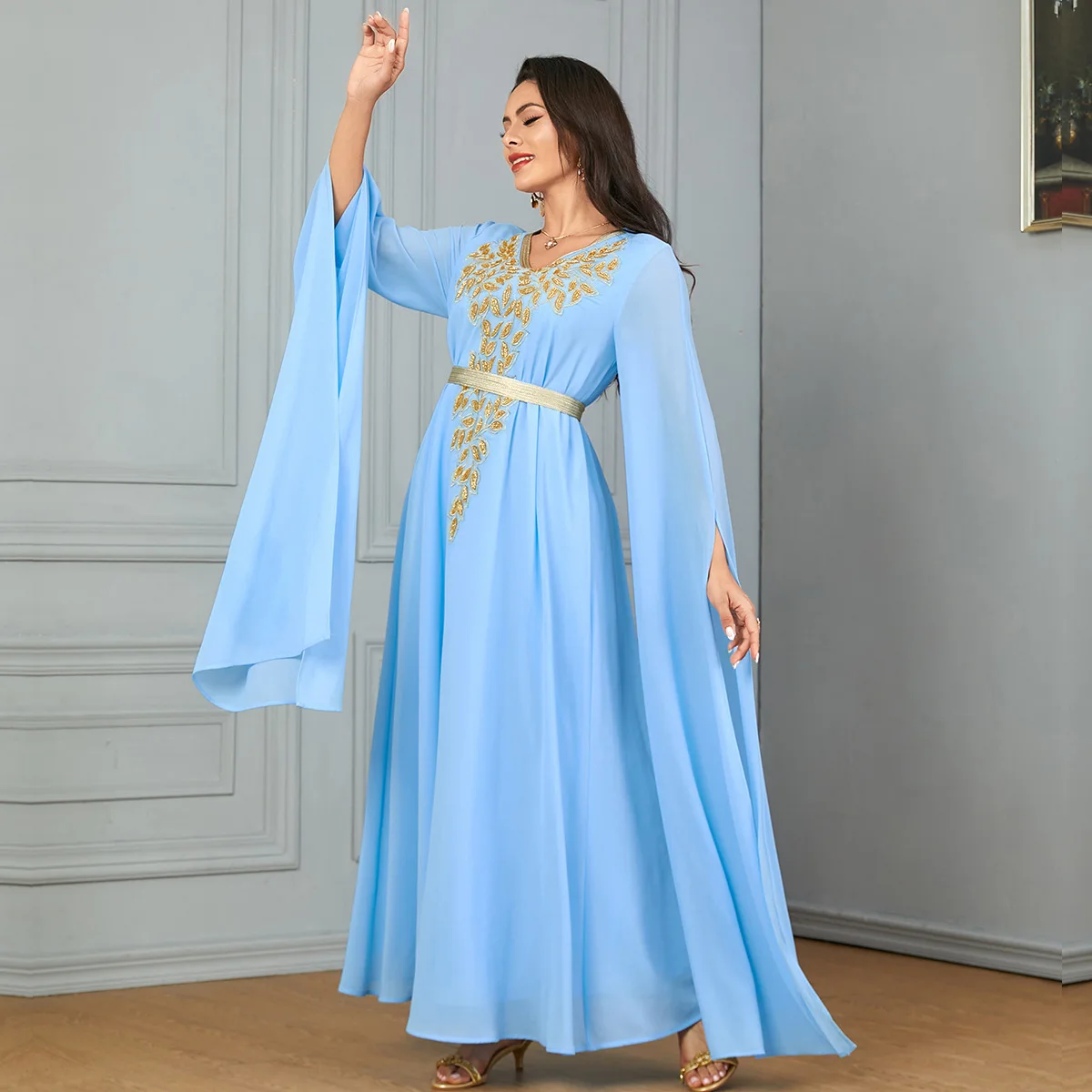 3853 New Solid Color Muslim Robe,  Super Long Sleeve Grand Swing Women's Dress