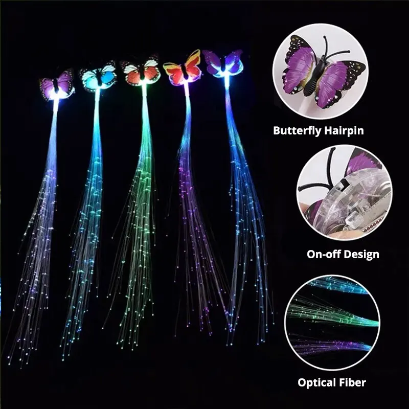 6PCs Colorful Luminous Braids Butterfly Glitter Fiber Optic Hair LED Silk Braids Bar Prom Aid Supplies Hairband Hair Decor