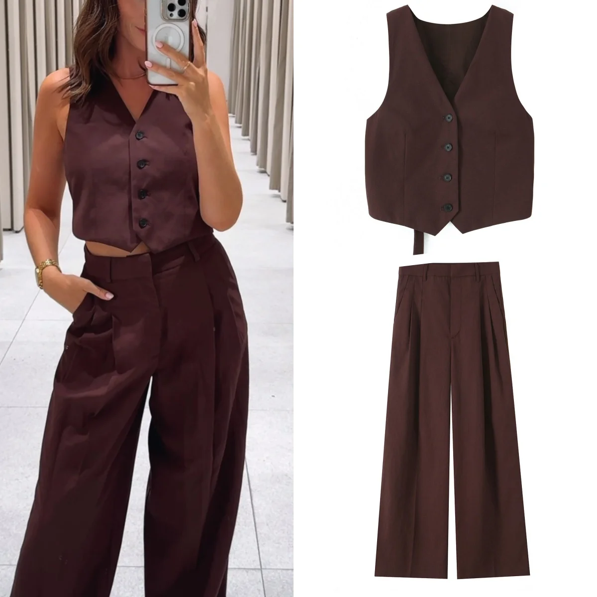 

Женский новый модный дизайн с открытой спиной, тонкий короткий жилет на пуговицах, женский жилет без рукавов с v-образным вырезом в стиле ретро, шикарный топ + брючный костюм