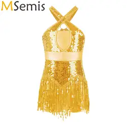Kids Girls Latin Ballet Jersey Dance Outfits Cha-Cha Performance Costume Sequins Tassel Hem Skirted Ballroom Dance Leotard Dress
