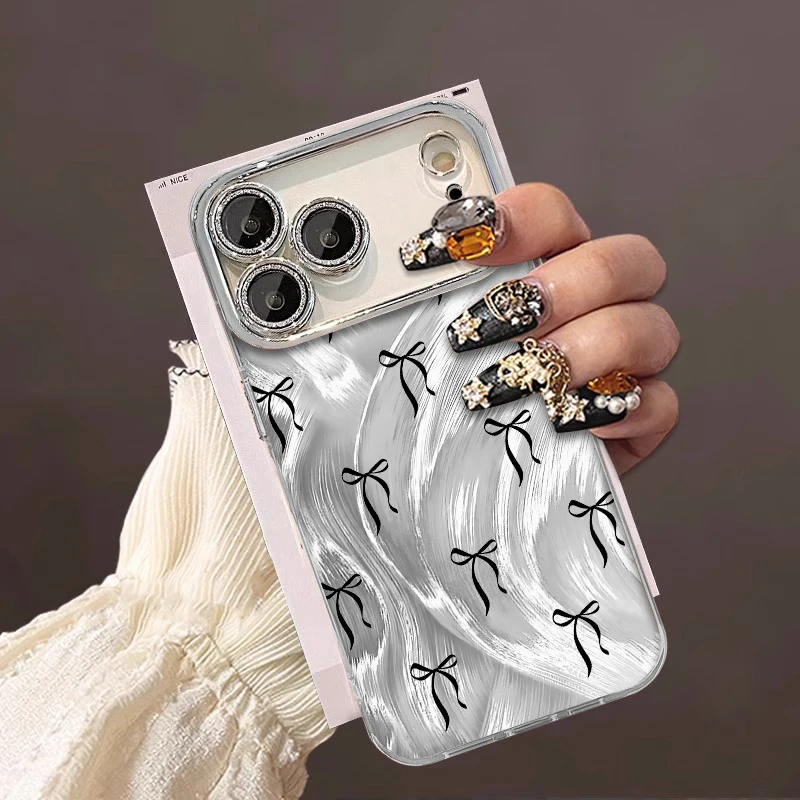 

Luxury Black Bow Lens Protection Phone Case For iPhone 15 Pro 14 17 13 12 11 16 Pro Max 7 8 Plus 16E 17 Pro Shockproof IMD Cover