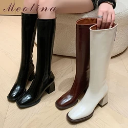 Meotina Women Genuine Leather Knee High Boots Square Toe Block High Heels Zipper Long Boots Ladies Fashion Shoes Winter Beige 40