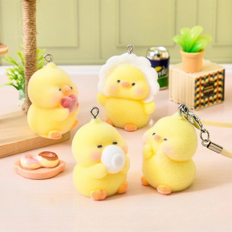 18pcs 3D Flocking Resin Cute Yellow Duck Doll Cartoon Animal Charms For Keychain Necklace Earring Making DIY Jewelry Accessories