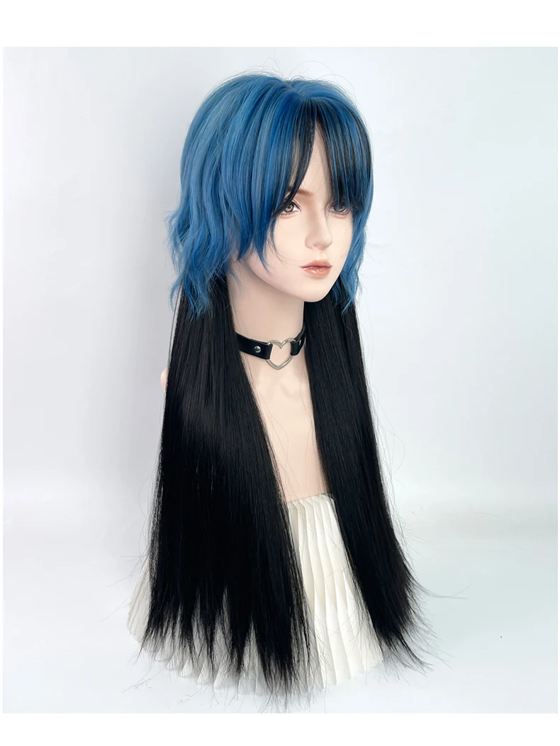 مقاومة للحرارة الاصطناعية لوليتا أسود أومبير الأزرق شعر مستعار للنساء الرجال نمط طويل مستقيم مع الانفجارات تأثيري ملابس يومية للحفلات #5