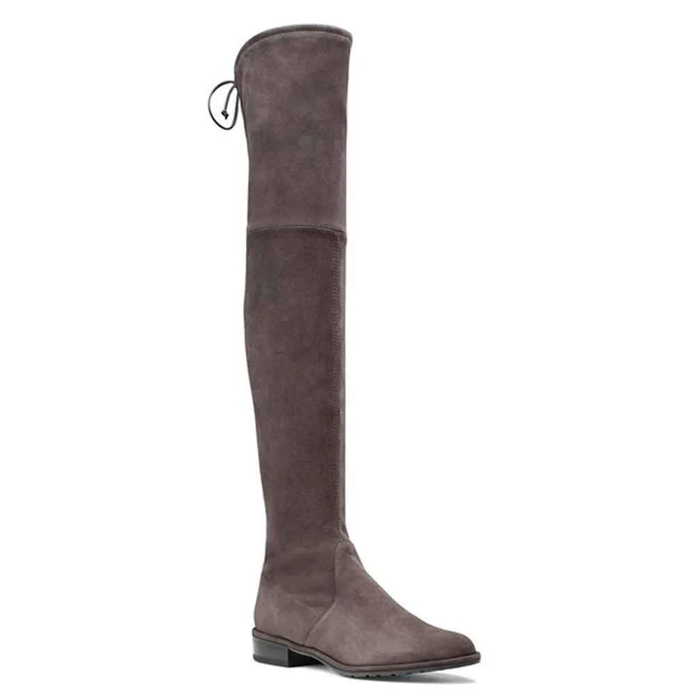 أحذية برباط مرنة فوق الركبة سوداء من جلد الغزال طويلة بوتاس نسائية مريحة بنعل مسطح للنساء أحذية نسائية