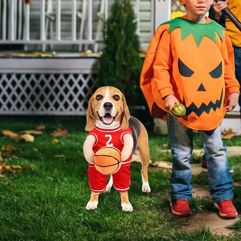 Basketball Player Pet Costume Dog Holding Basketball Clothing With Ball Breathable Halloween Cosplay Sports Clothes Medium Dog