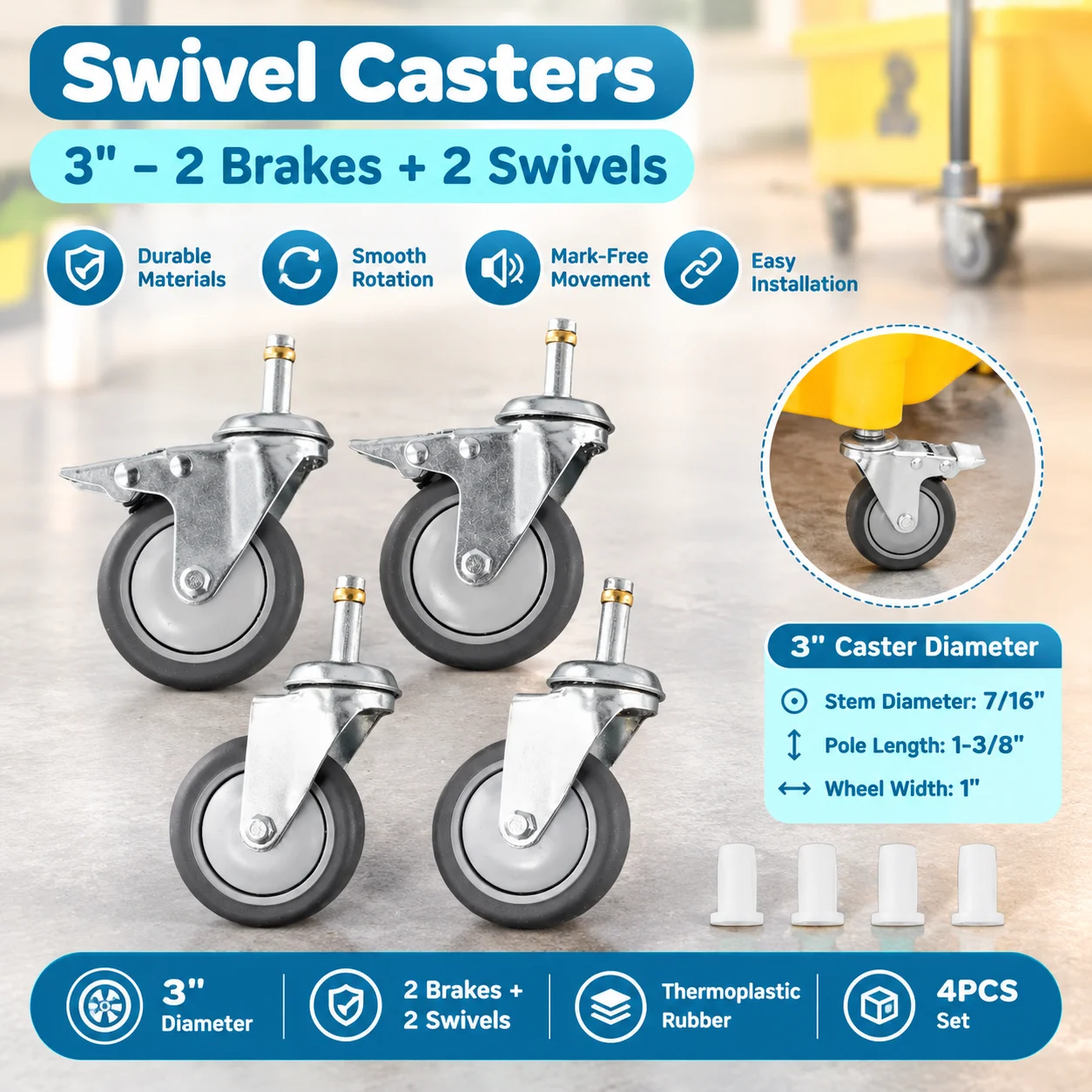 4PCS 3 Inch Rubber Swivel Casters Stem Mount 7/16