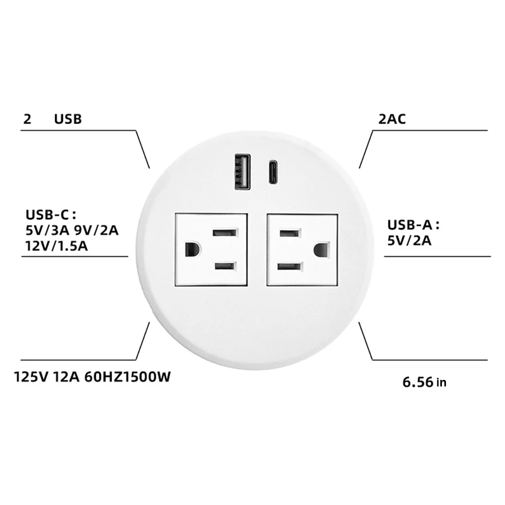 Desk Power Strip with 2 Outlets 2M Extension Cord 2 USB/1 USB + PD 18W Type C Ports for Computer Table Kitchen Office Home Hote